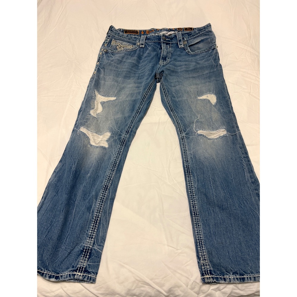 Rock Revival Dov Straight Distressed Blue Jeans Mens 38 RP9922J202R Thick Stitch